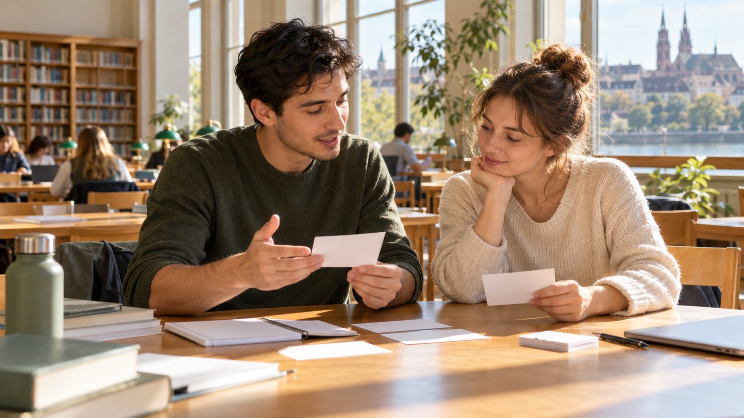 Ein Student übt in einer sonnigen Basler Bibliothek ruhig eine Erklärung mit einer Studienkollegin