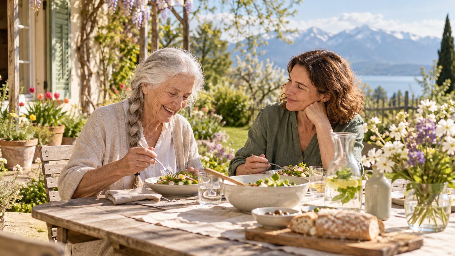Eine ältere Frau geniesst mit einer Freundin ein einfaches Mittagessen im sonnigen Garten